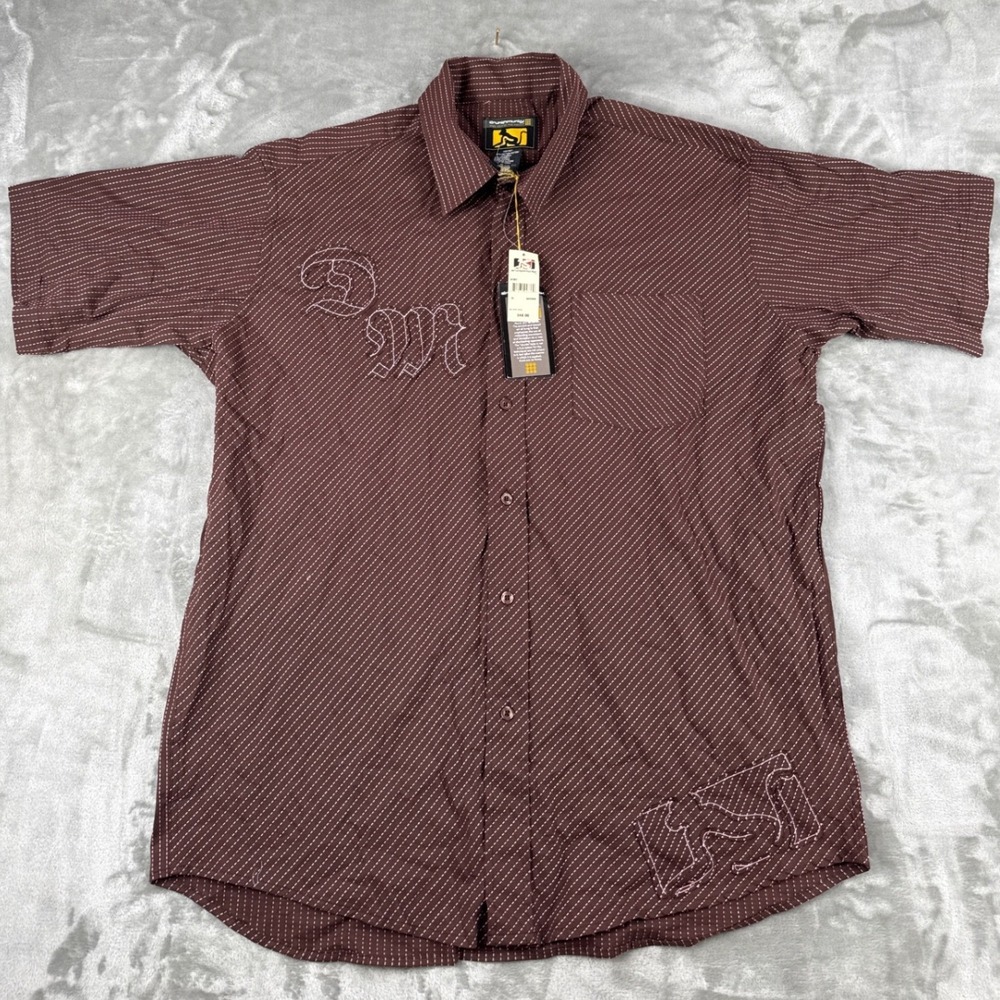 Drunknmunky Mens XL Brown Pink Pinstripe Embroidered Y2K Button Down Shirt NWT